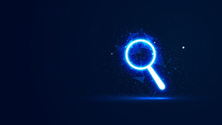 A futuristic glowing magnifying glass with plexus lines and glitter particles. Illustration concept of browsing and looking for ideas in the neon light style. Digital technology illustrationのイラスト素材