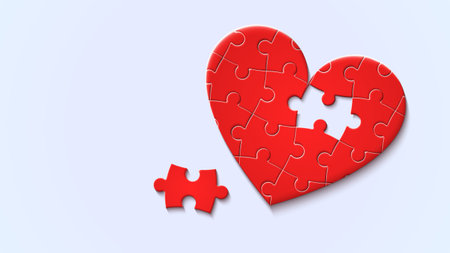 Incomplete heart-shaped red jigsaw puzzle piece. Concept of healthy living, loving heart health, relationship, and love. Missing puzzle on a white backgroundのイラスト素材