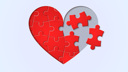 Incomplete heart-shaped red jigsaw puzzle piece. Concept of healthy living, loving heart health, relationship, and love. Missing puzzle on a white backgroundのイラスト素材