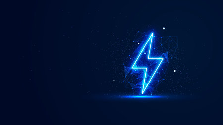Futuristic glowing thunder with plexus lines and glitter particles. The lightning bolt in the neon light style. Digital technology backgroundのイラスト素材