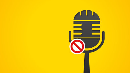 A black microphone with a cross sign on a yellow background. Concept illustration of a silenced voice, speechless, don't speak up, and don't be honestのイラスト素材