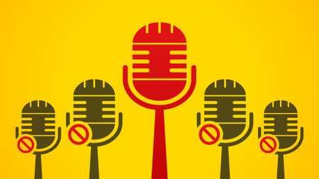 A red microphone stands among several inactive microphones. Concept illustration of leadership, one voice, one vision and mission, one goal, or a silenced voiceのイラスト素材