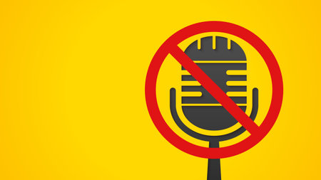 A black microphone with a cross sign on a yellow background. Concept illustration of a silenced voice, speechless, don't speak up, and don't be honestのイラスト素材