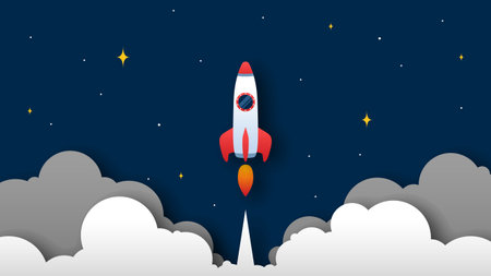 Flat illustration of a rocket in flight. Startup business launch concept. The process of increasing financial and economic successのイラスト素材