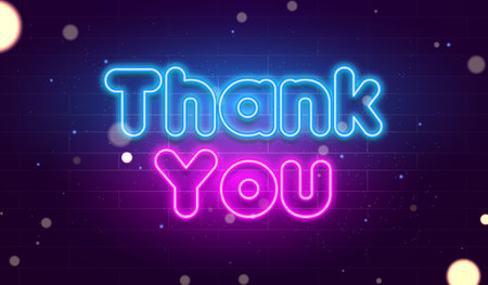 Thank you card with glowing neon style. Writing expresses gratitude, recognition, and appreciation and is perfect for business presentationsのイラスト素材