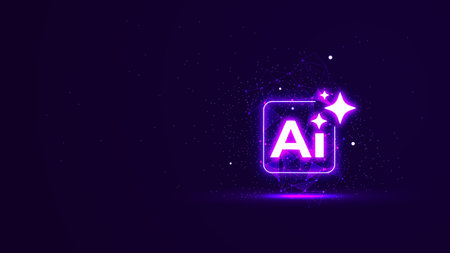 Futuristic virtual AI Assistant in the purple neon light style. 3D Artificial Intelligence star with sparkle, particles, and plexus lines. Digital technology illustration concepts on a dark backgroundのイラスト素材