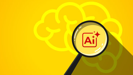 Flat illustration of a magnifying glass and an AI chip with a brain on a yellow background. The concept of the role of an artificial intelligence assistantのイラスト素材