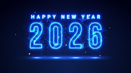 Futuristic glowing 2026 number with plexus lines and glitter particles. Happy New Year celebration greeting card in the blue neon light styleのイラスト素材