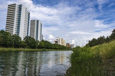Skyscrapers along RhineâMainâDanube-Canal in Erlangenの写真素材