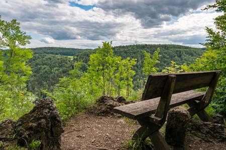 View from resting spot on hiking paradise of Franconian Switzerland, Wiesenttal, cloudy summer dayの写真素材