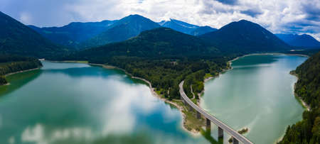 Aerial view of Sylvenstein Lakes on cloudy summer dayの写真素材