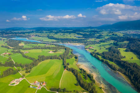 Aerial view of river Lech on summer dayの写真素材