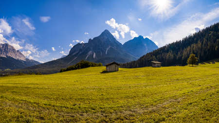 View on Sonnenspitze of Tiroler Zugspitz Arena, sunny autumn dayの写真素材