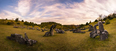 Field of stone sculptures in AltmÃ¼hltal on autumn eveningの写真素材