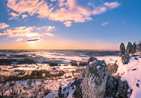 Panoramic view of winter landscape from mountain Walberla in Franconian Switzerlandの写真素材
