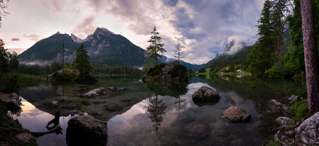 Panorama of Hintersee in Berchtesgadener Zauberwald on summer evening