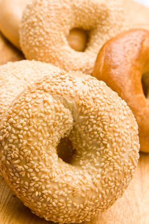 Freshly baked bagels in  a pileの写真素材