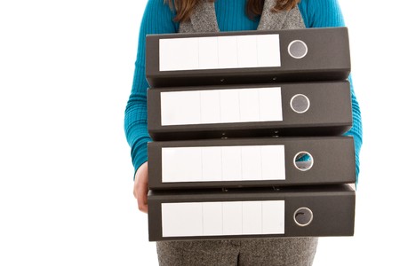 Business woman holding four folders isolated on white