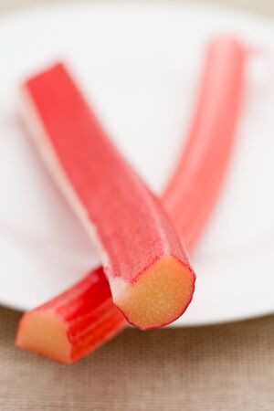 Fresh rhubarb on a white plate. Shallow DOF