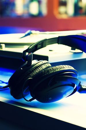 Headphones and turntable with cross-process color effect.の写真素材