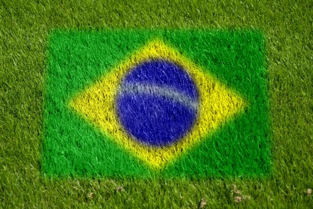 flag of brazil on grass with sprayの写真素材