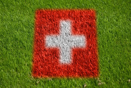 flag of switzerland on grass with sprayの写真素材