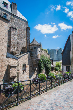 Turret and canal in the medieval city center of Quimperの写真素材
