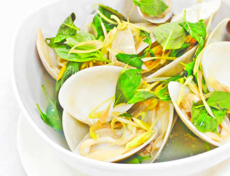 Sea Clam Boil with basil leaves の写真素材