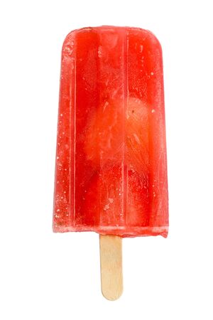 Homemade ice cream with slices of banana and strawberry against white background.の写真素材