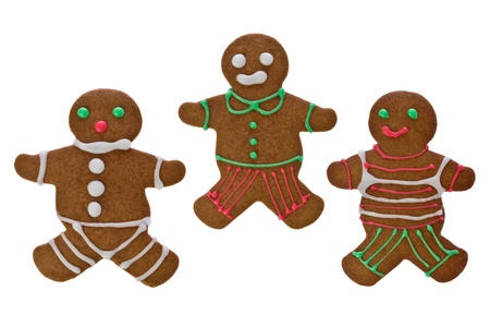 Three gingerbread men against a white background.