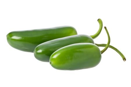 Three whole green jalapeno peppers against a white background.