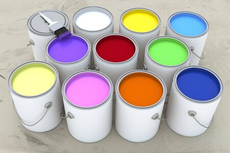 3d render of several open paint cans of assorted colors.の写真素材
