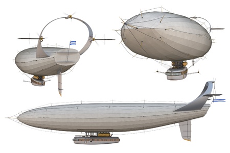 3D render of a steampunk airship, or dirigible, against a white background.の写真素材