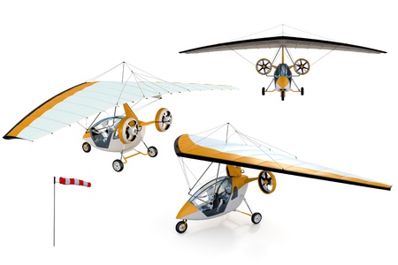 3D composite render of two robots flying in an ultralight trike against a white background.の写真素材