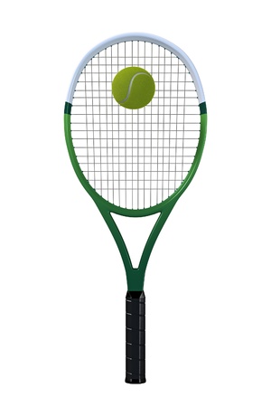 A single green and white tennis racket with ball against a white background.の写真素材