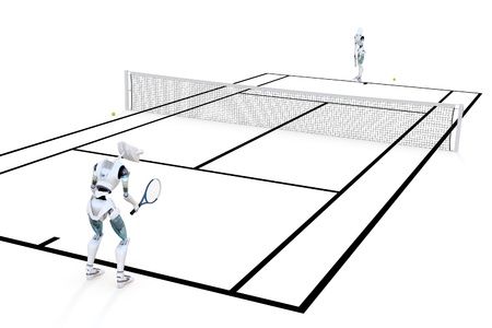 Two robots playing a game of tennis against a white background.の写真素材