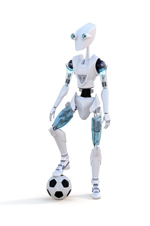 Robot with soccer ball against a white background.の写真素材