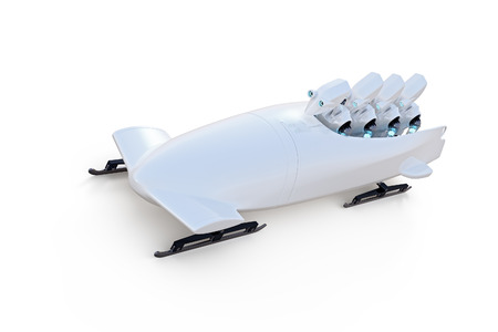 3d render of robots competing in a four man bobsled competition against a white background.の写真素材