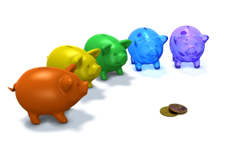 3d render of five colored piggy banks in competition for two gold coins against a white background の写真素材