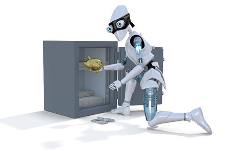 3d render of a robot thief stealing a gold piggy bank from a safe, against a white background の写真素材