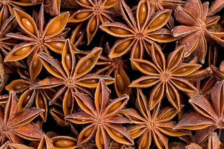 Background texture of several star anise fruits and seeds.の写真素材