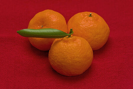 Three whole tangerines on a red cloth.の写真素材
