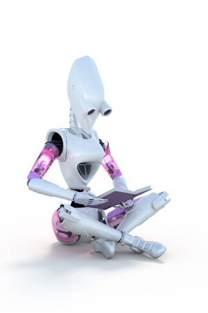 3d render of a robot reading a book against a white background.の写真素材