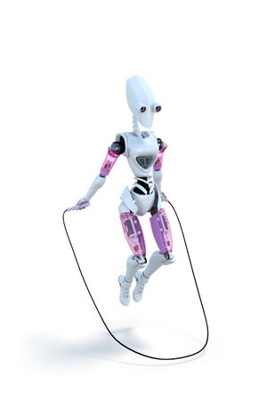 3d render of a robot exercising with a jump rope against a white background.の写真素材