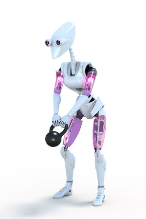 3d render of a female robot exercising with a kettlebell against a white background.の写真素材