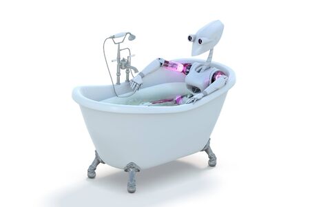 3d render of a robot taking a bath, against a white background.の写真素材