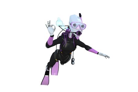 3d render of a robot scuba diving against a white background.の写真素材