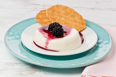 Panna cotta with fresh blackberries, and sauce on a plate with cookies, on a painted white background.の写真素材
