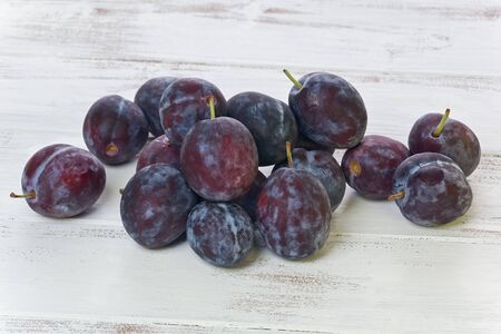 Several whole Prune plums, or Empress plums, on a painted white background.の写真素材