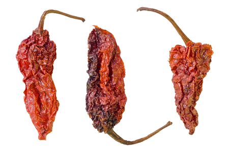 Three dried Ghost peppers against a white background.の写真素材